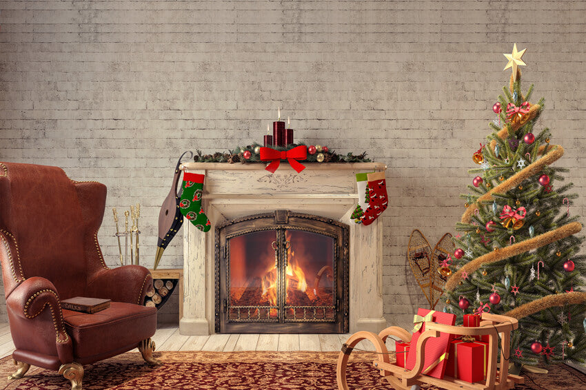 Merry Christmas Living Room Fireplace Backdrop