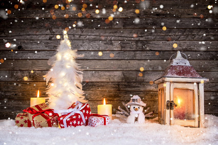 Snowy Wood Snowman Christmas Backdrop