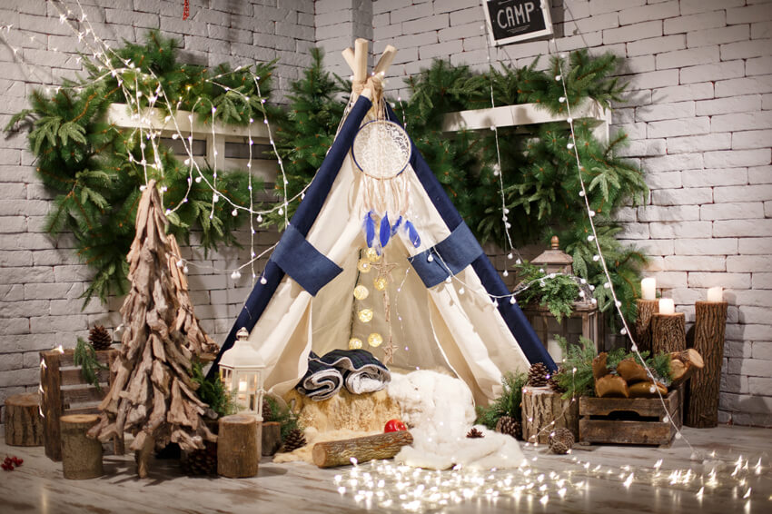 Wooden Christmas Tree Little Tent Lights Backdrop