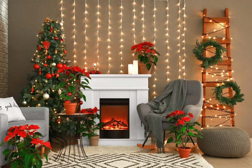 Christmas Cozy Fireplace Lights Tree Backdrop