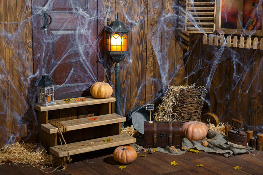 Old Wood Room Spider Web Halloween Backdrop