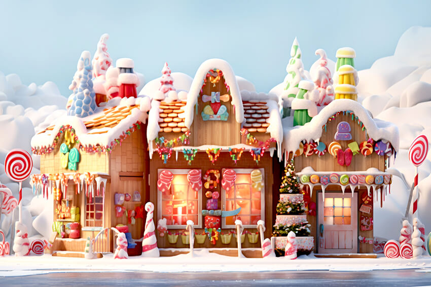Christmas Snowy Gingerbread Candy House Backdrop