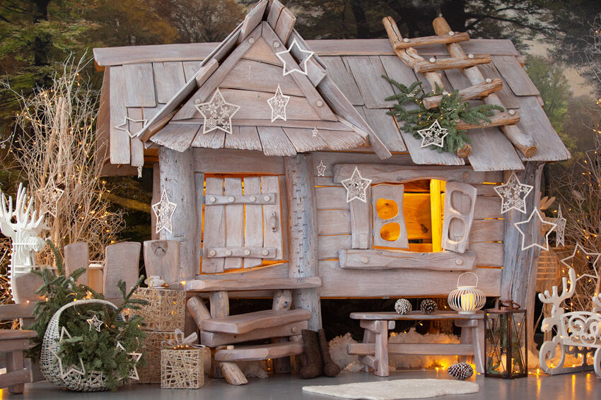 Christmas Vintage Wooden House Lights Backdrop