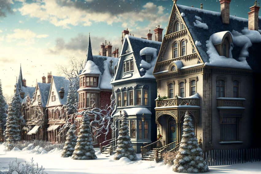 Christmas Retro Village Winter Snow Backdrop