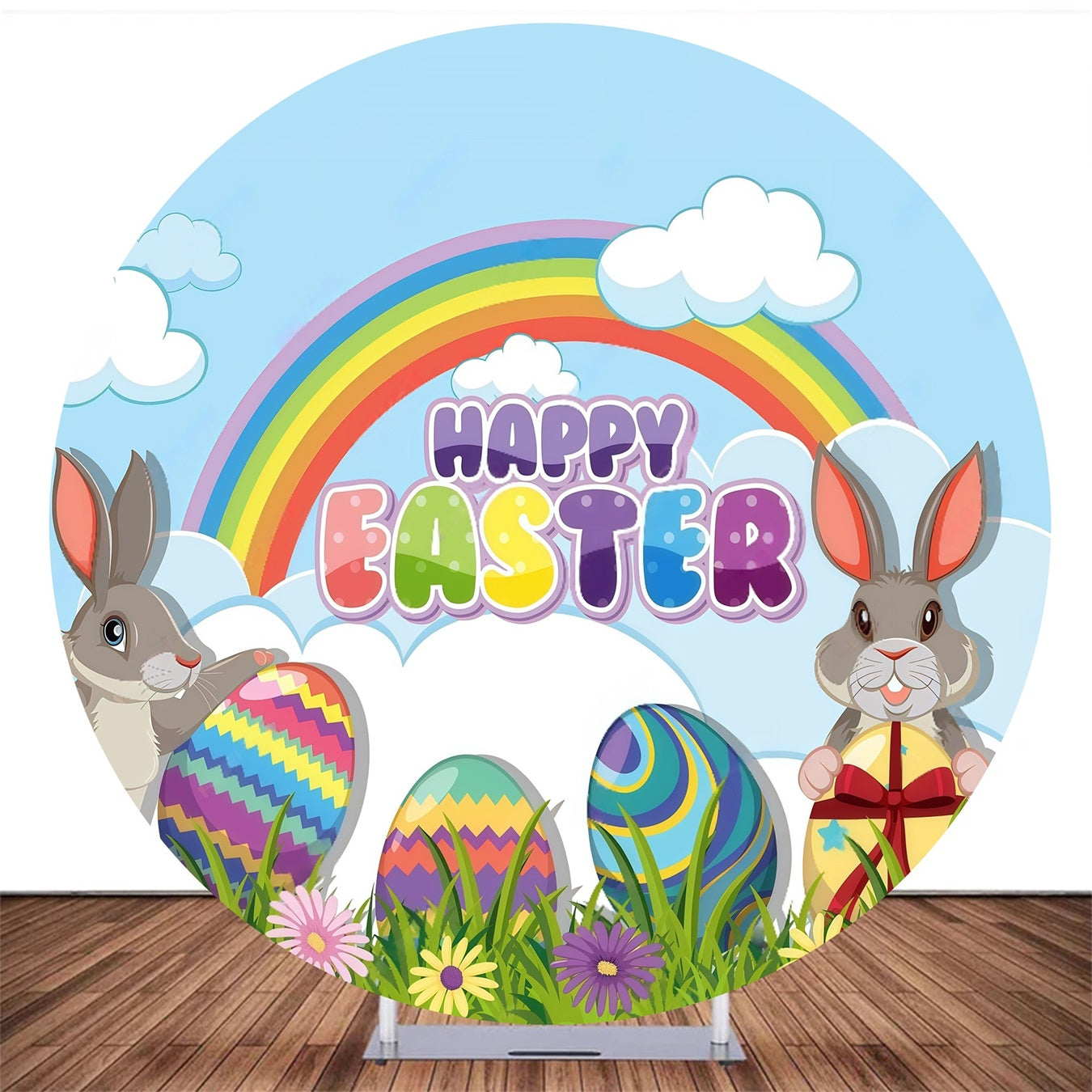 Round Backdrop Cover Bunnies Rainbow Eggs Easter Backdrop MRR10-171