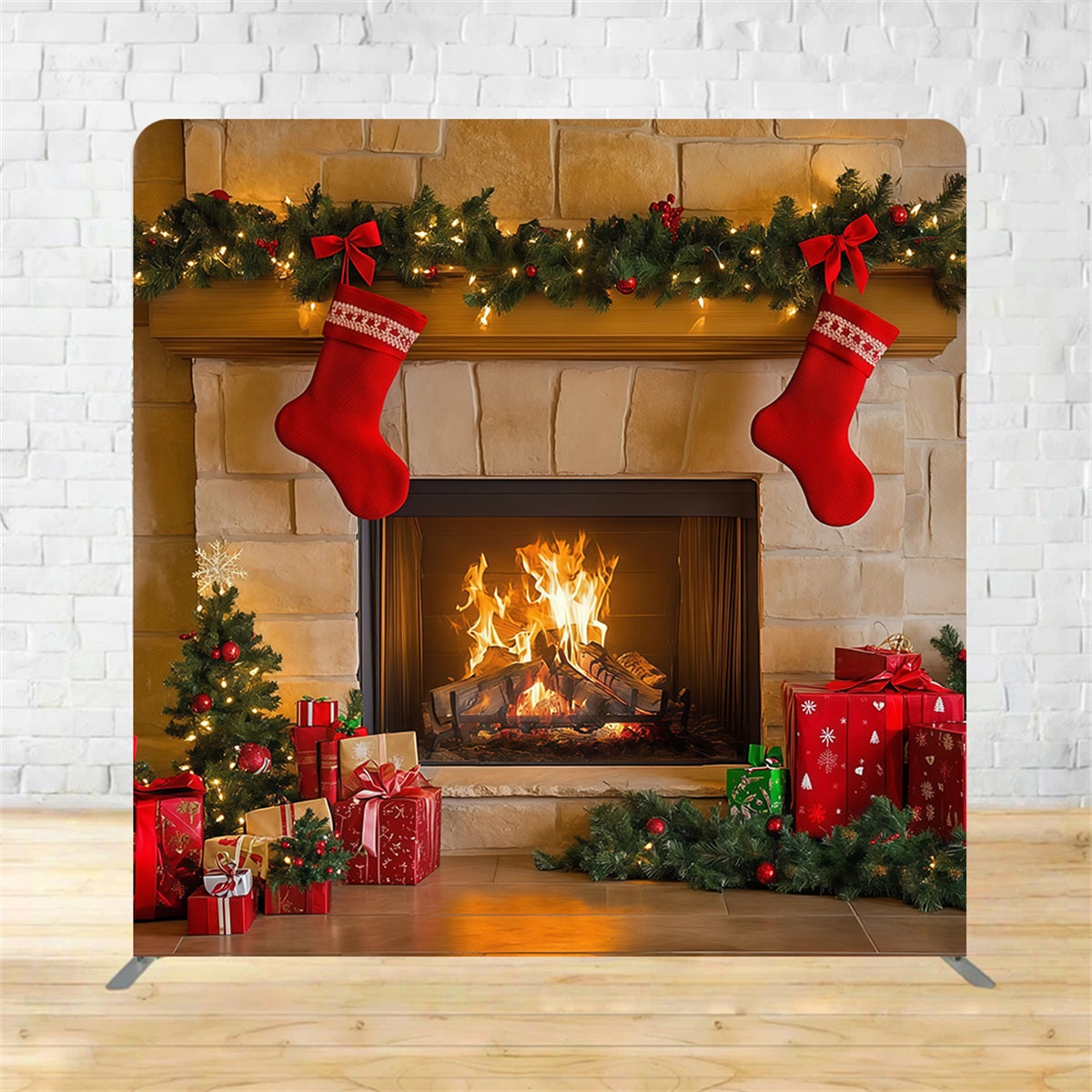 Square Backdrop Tension Pillow Cover Stand Christmas Eve Fireplace Backdrop MRR10-289