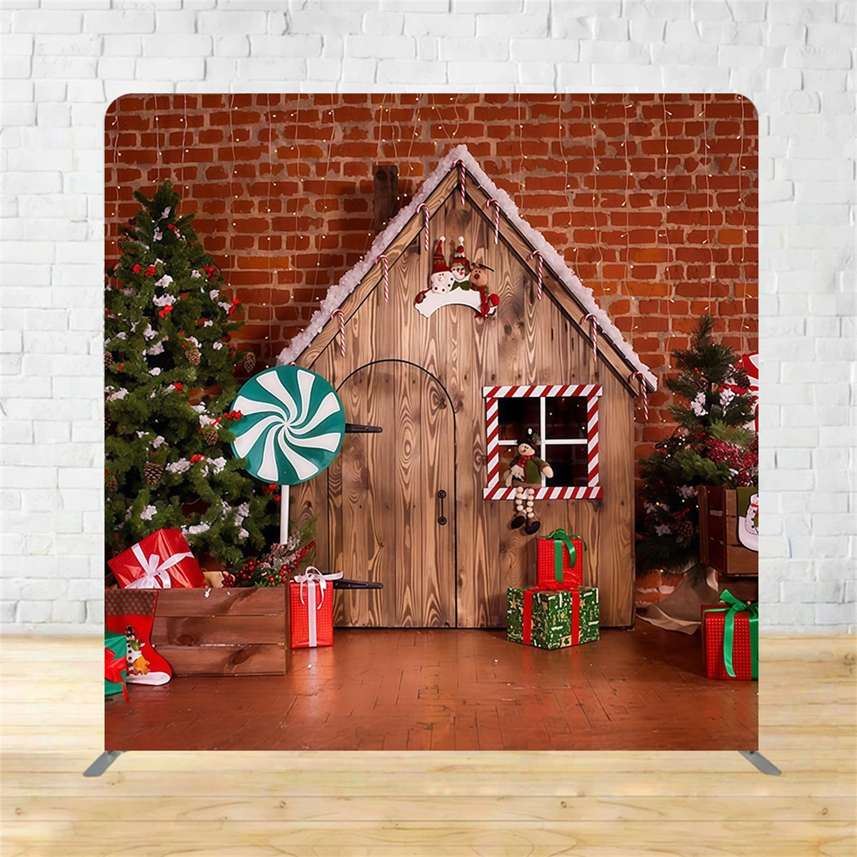 Square Backdrop Tension Pillow Cover Stand Wooden Cabin Christmas Backdrop MRR10-297