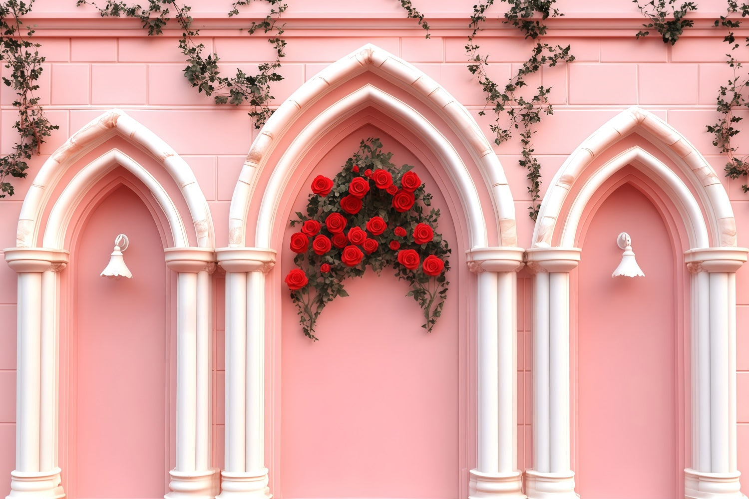 Pink Valentine Backdrop Pink Brick Arch Flower Valentine's Day Backdrop MRR11-110