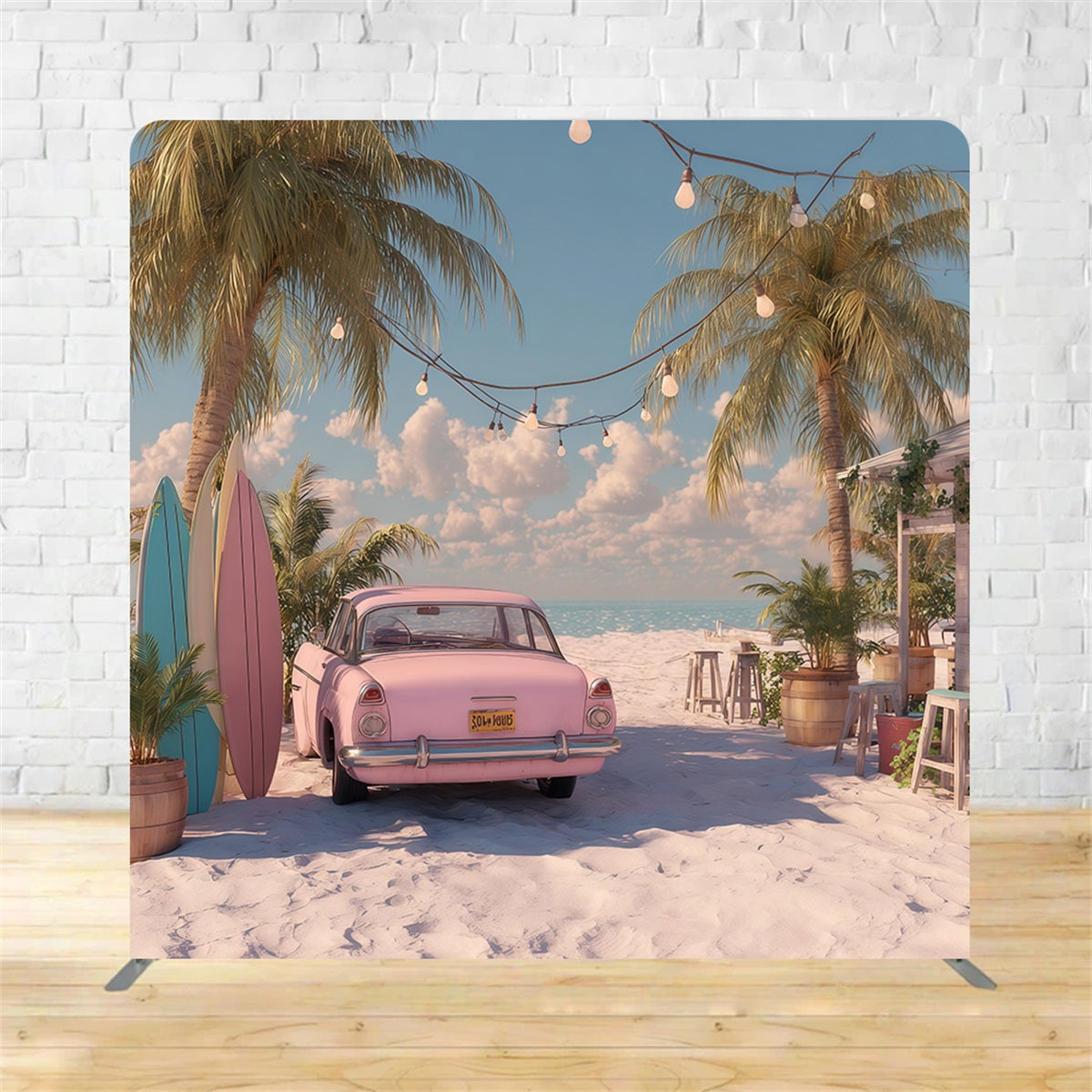 Square Backdrop Tension Pillow Cover Stand Beach Retro Car Summer Backdrop MRR11-53