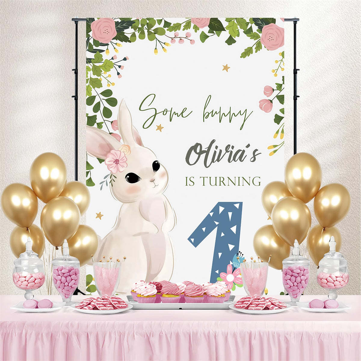 Backdrop For Easter Woodland Bunny Flowers Personalized Backdrop MRR3-139