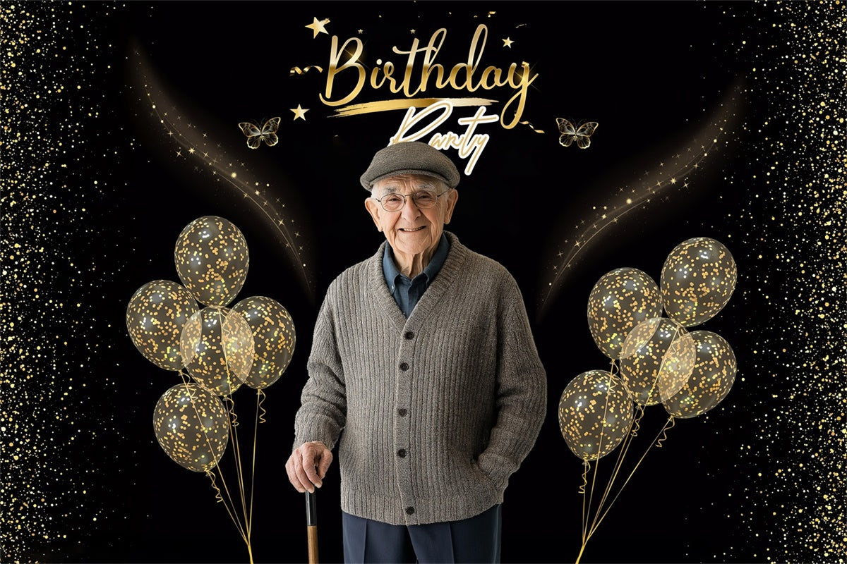 Custom Made Birthday Backdrops Glitter Balloon Black Gold Backdrop MRR3-143