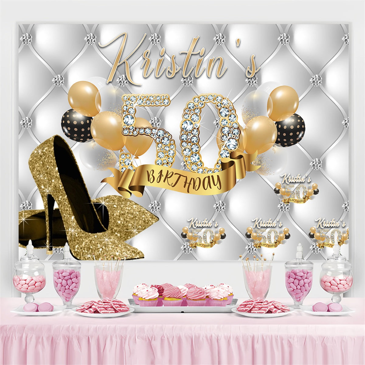 Personalized 50th Birthday Backdrop Diamond Gold Heels Backdrop MRR3-154