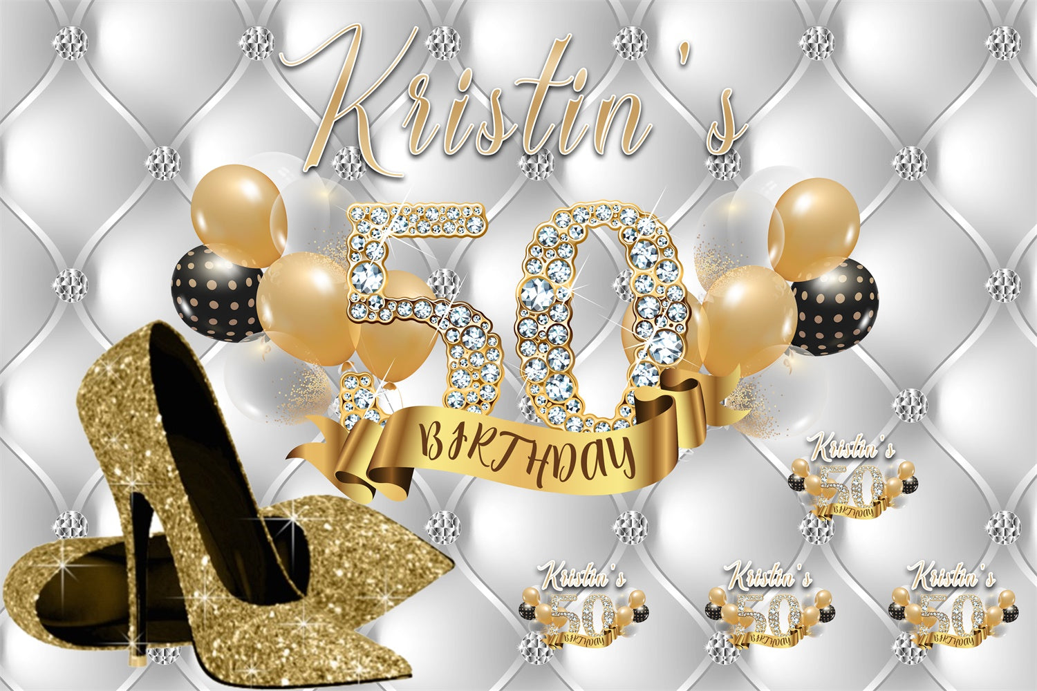 Personalized 50th Birthday Backdrop Diamond Gold Heels Backdrop MRR3-154