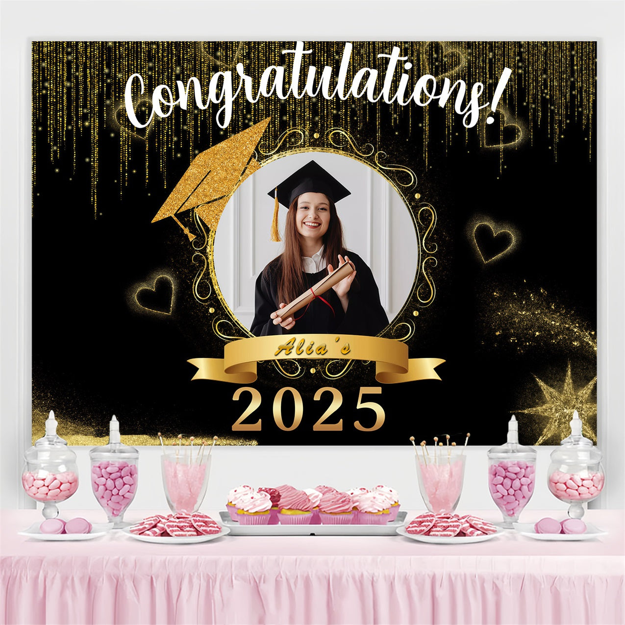 Graduation Backdrop Golden Sparkle Hearts Custom Party Graduation Backdrop MRR3-171