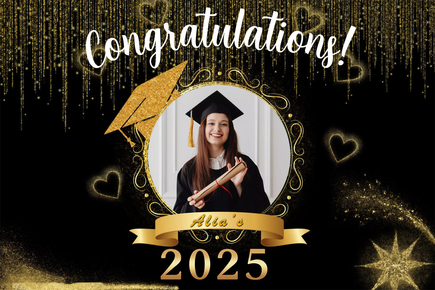 Graduation Backdrop Golden Sparkle Hearts Custom Party Graduation Backdrop MRR3-171