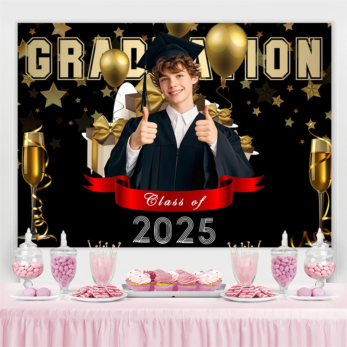Graduation Photo Backdrop Champagne Stars Balloon Personalized Party Graduation Backdrop MRR3-172