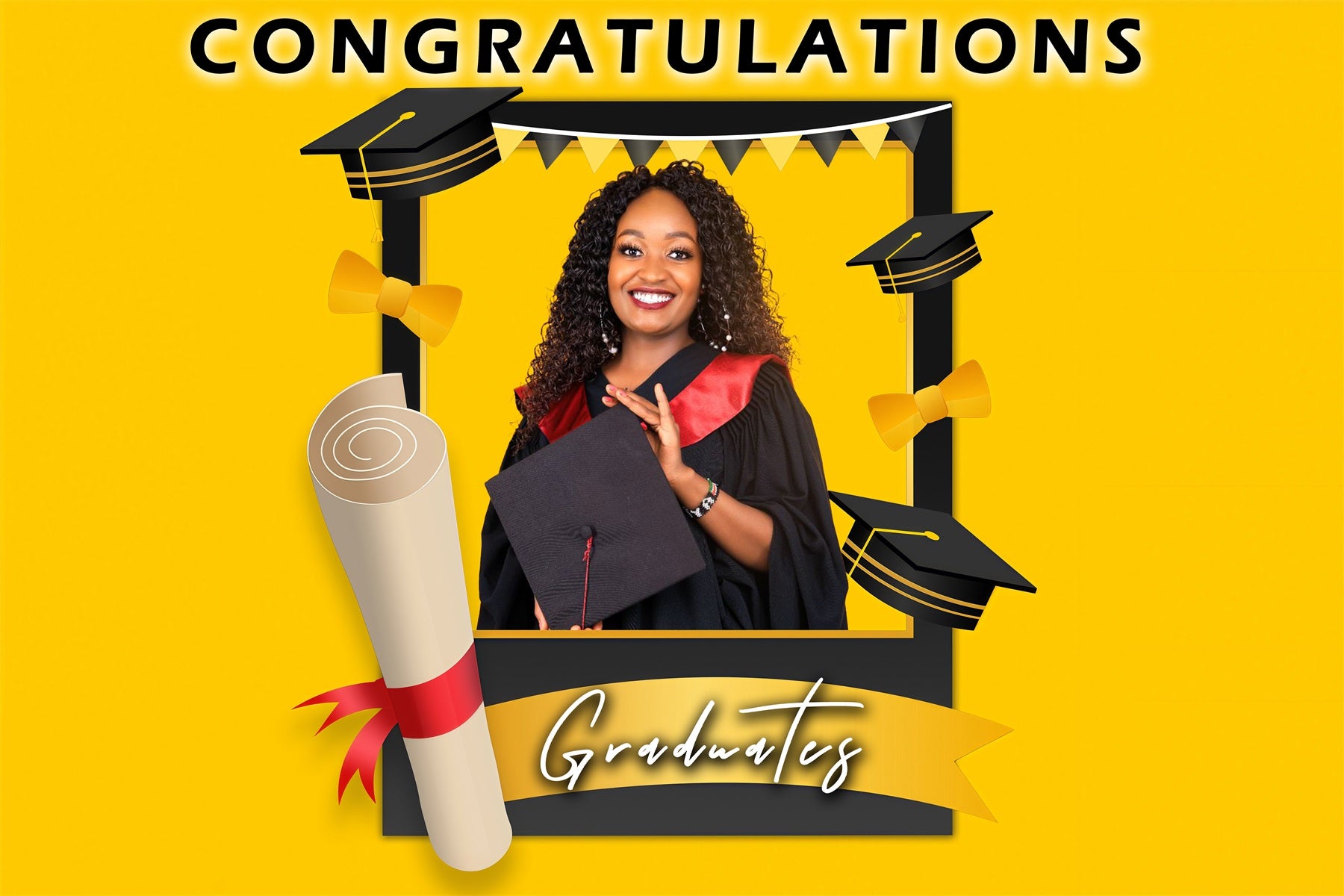 Graduation Backdrop Photoshoot Yellow Cap Frame Personalised Party Graduation Backdrop MRR3-174