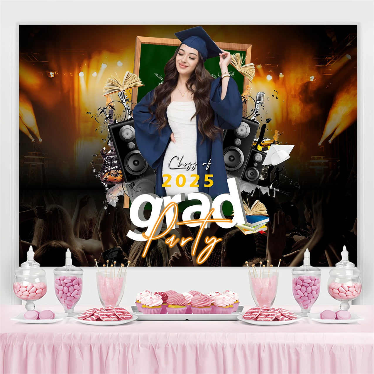 Graduation Picture Backdrop Books Music Stage Custom Party Graduation Backdrop MRR3-175
