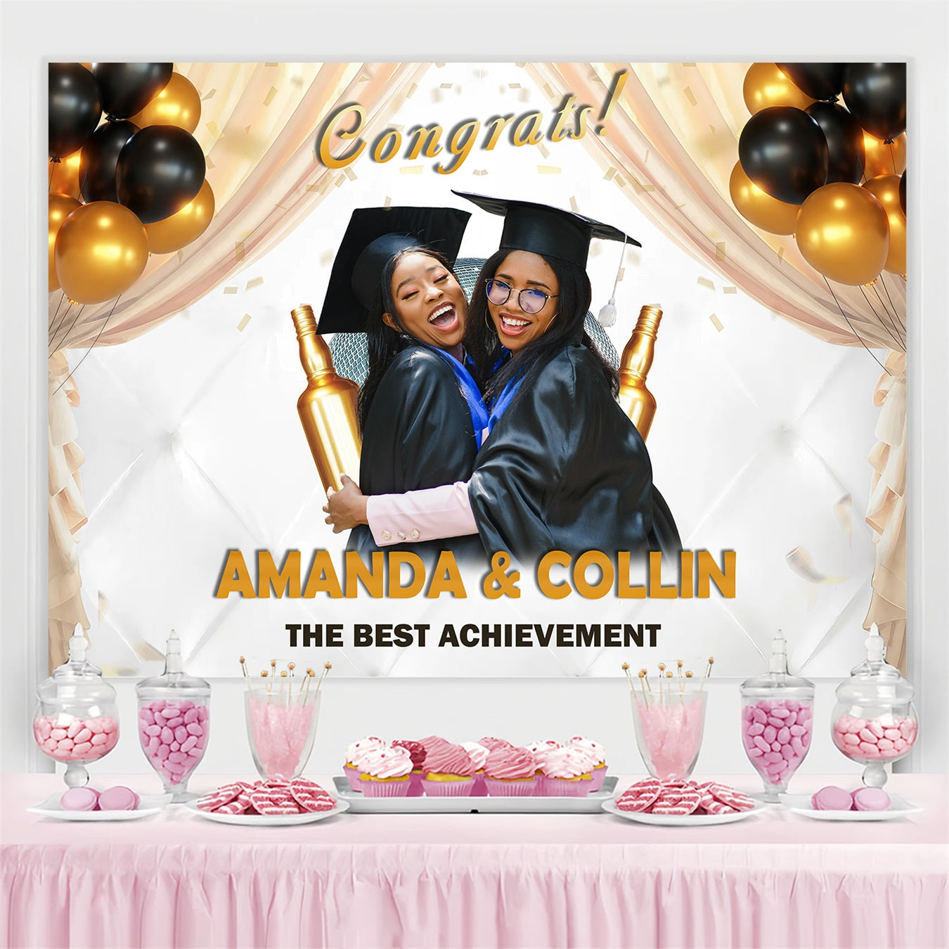 Graduation Photoshoot Backdrop Champagne Gold Balloons Customized Party Graduation Backdrop MRR3-181