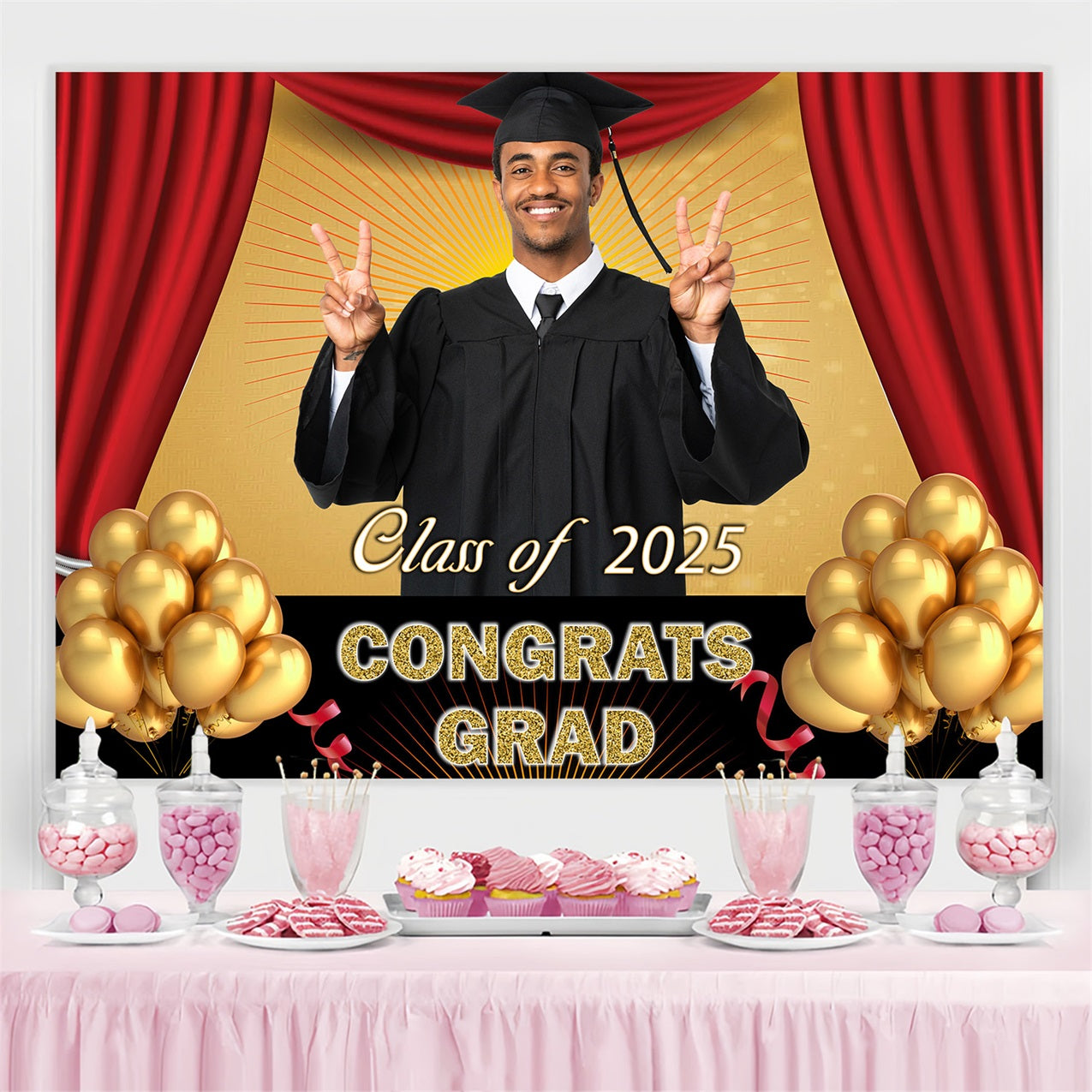 Backdrop Graduation Red Drapes Gold Balloons Personalised Party Graduation Backdrop MRR3-182