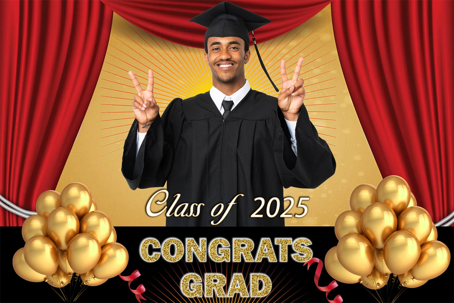 Backdrop Graduation Red Drapes Gold Balloons Personalised Party Graduation Backdrop MRR3-182