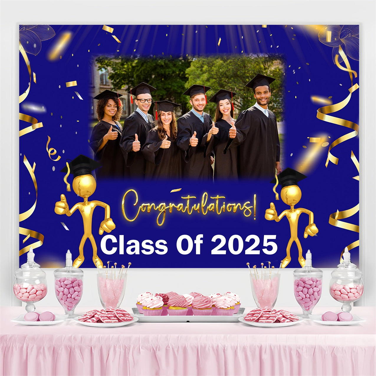 Blue Graduation Backdrop Blue Gold Confetti Personalized Party Graduation Backdrop MRR3-184