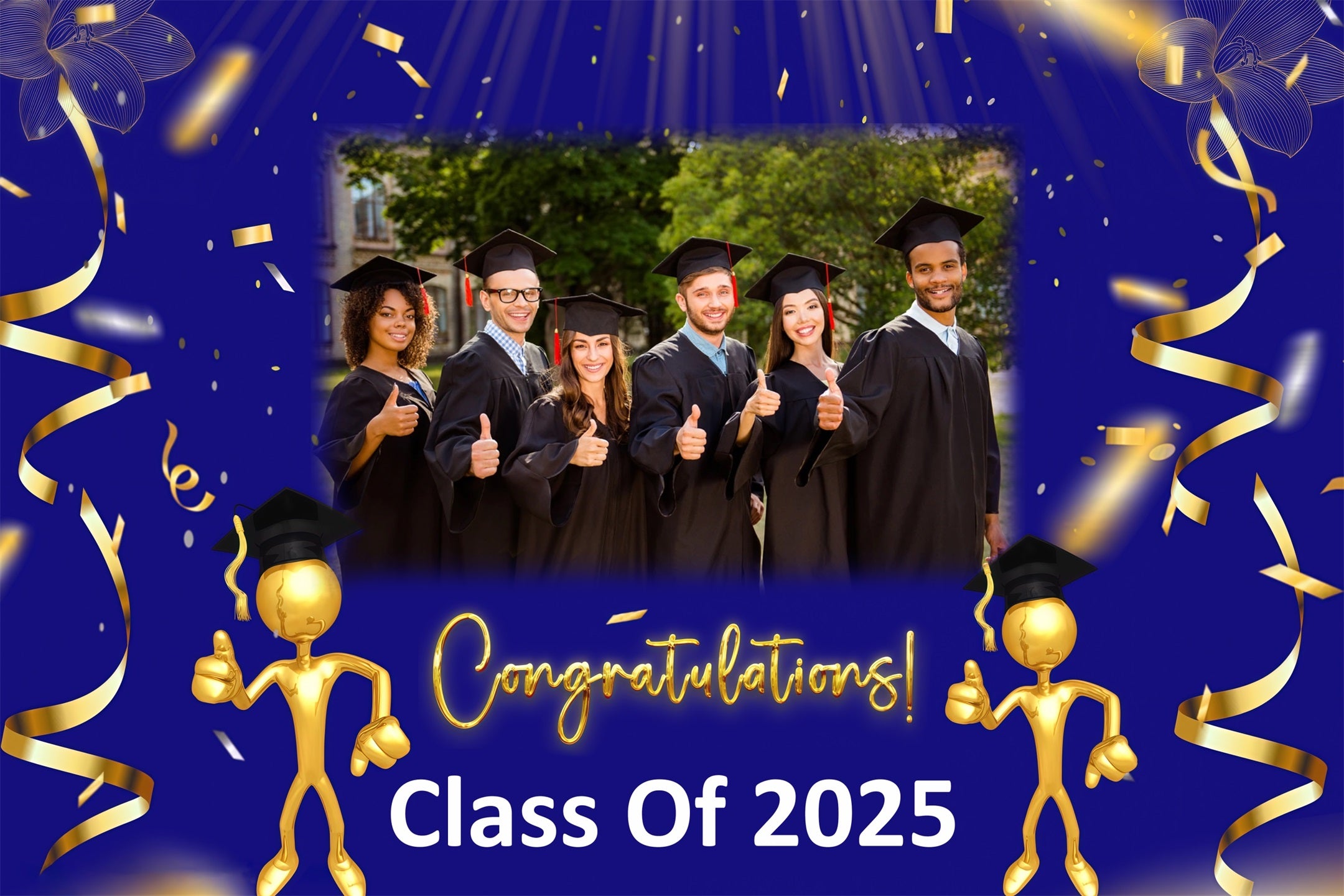 Blue Graduation Backdrop Blue Gold Confetti Personalized Party Graduation Backdrop MRR3-184