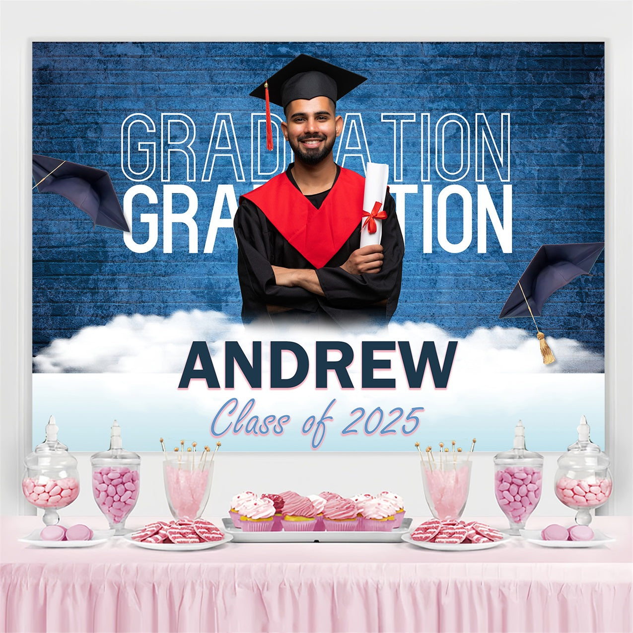 2025 Graduation Backdrop Blue Brick Wall Customized Party Graduation Backdrop MRR3-185
