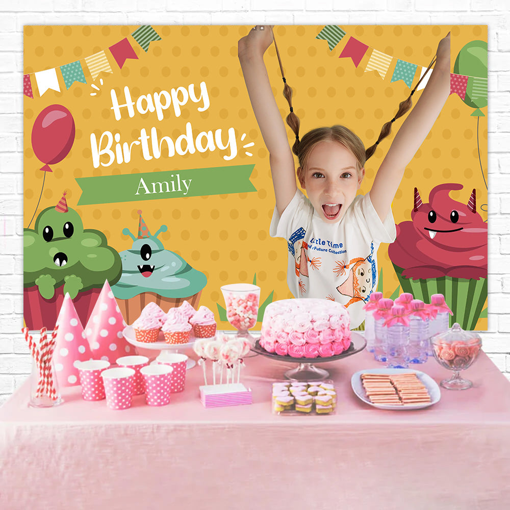 Personalized Backdrops Birthday Monster Cupcake Party Backdrop MRR3-19