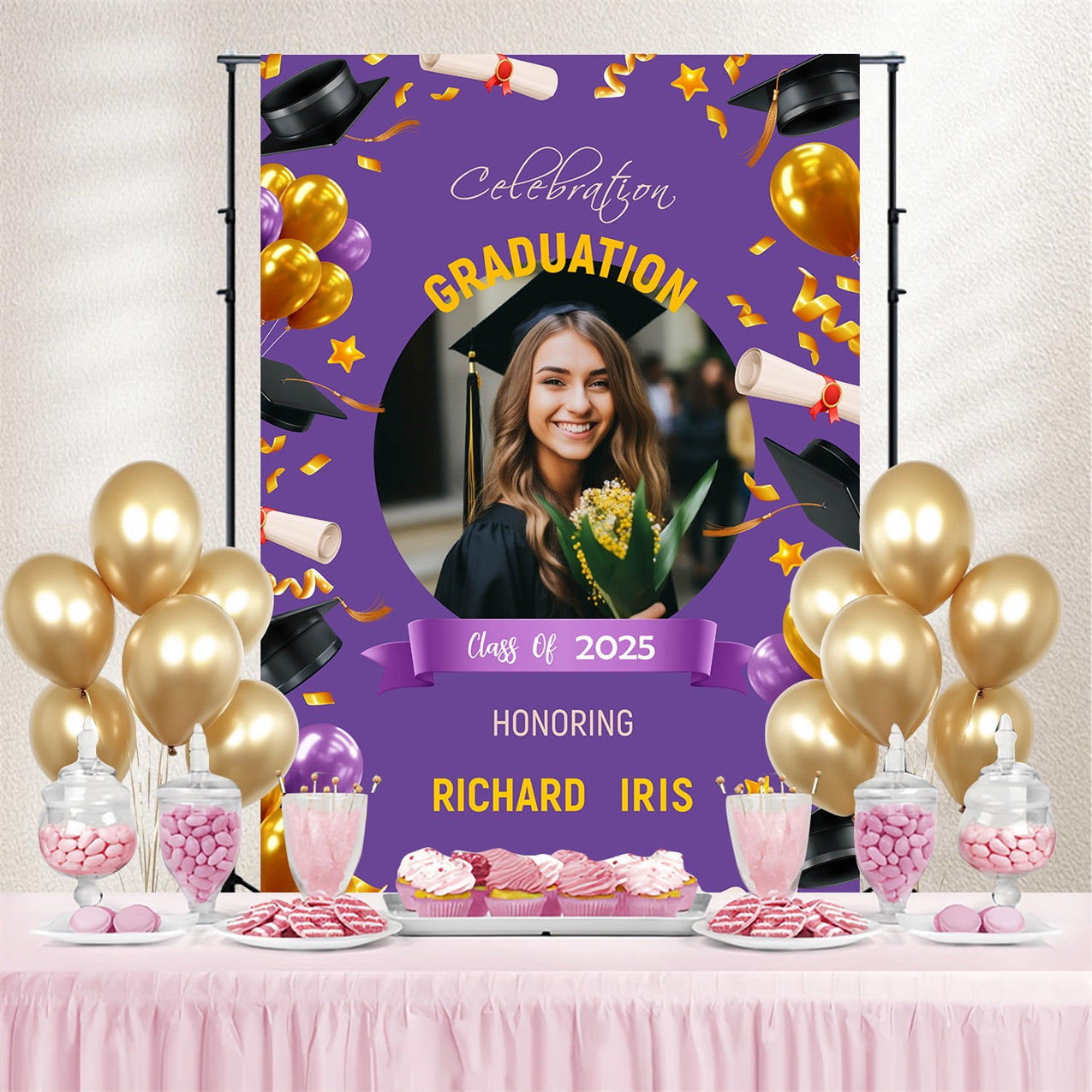 Graduation Backdrop Purple Balloon Confetti Personalised Party Graduation Backdrop MRR3-191