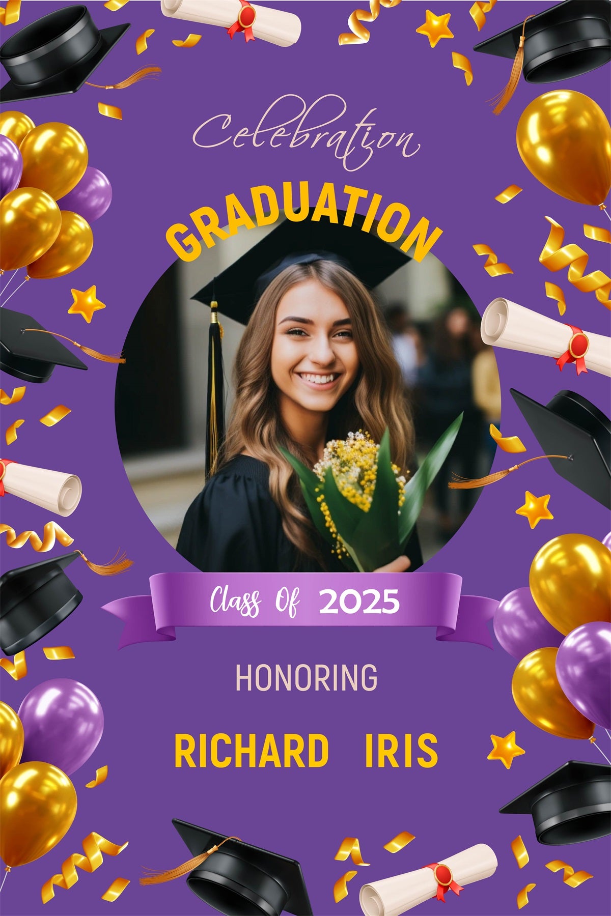 Graduation Backdrop Purple Balloon Confetti Personalised Party Graduation Backdrop MRR3-191