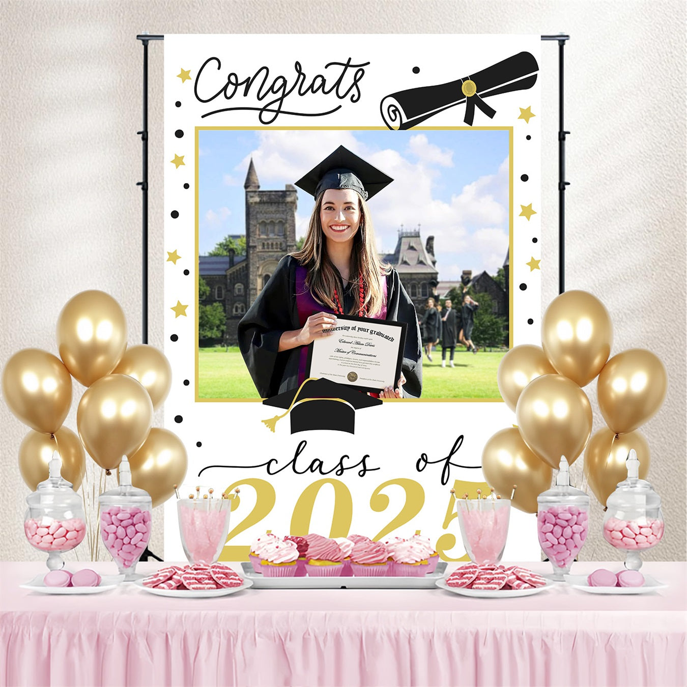 Graduation Photo Backdrop Stars White Frame Custom Party Graduation Backdrop MRR3-192