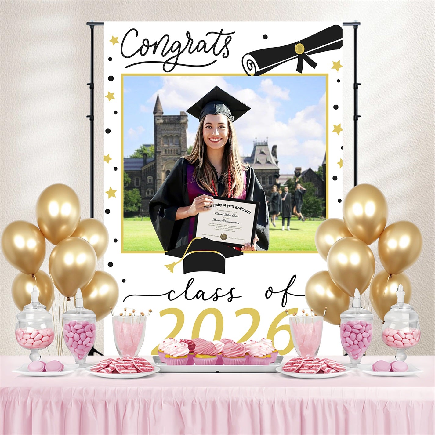 Graduation Photo Backdrop Stars White Frame Custom Party Graduation Backdrop MRR3-192