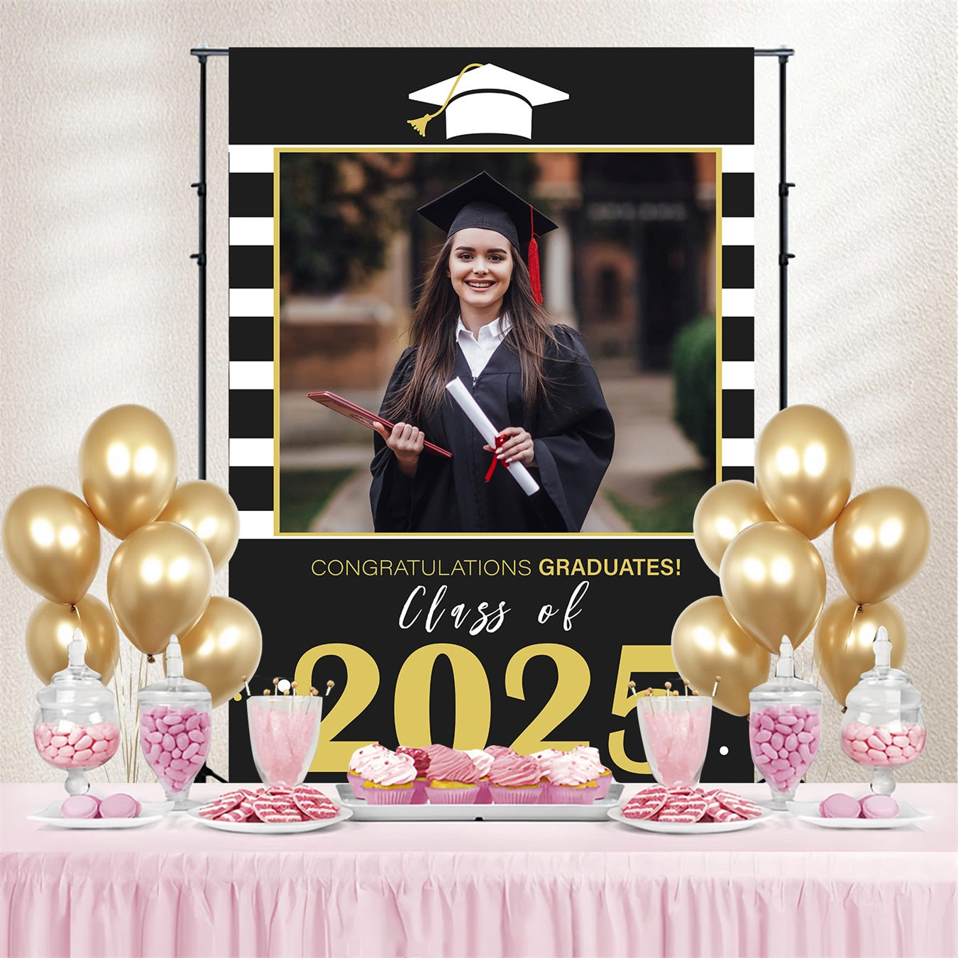 2025 Graduation Backdrop Modern Stripes 2025 Personalized Party Graduation Backdrop MRR3-193