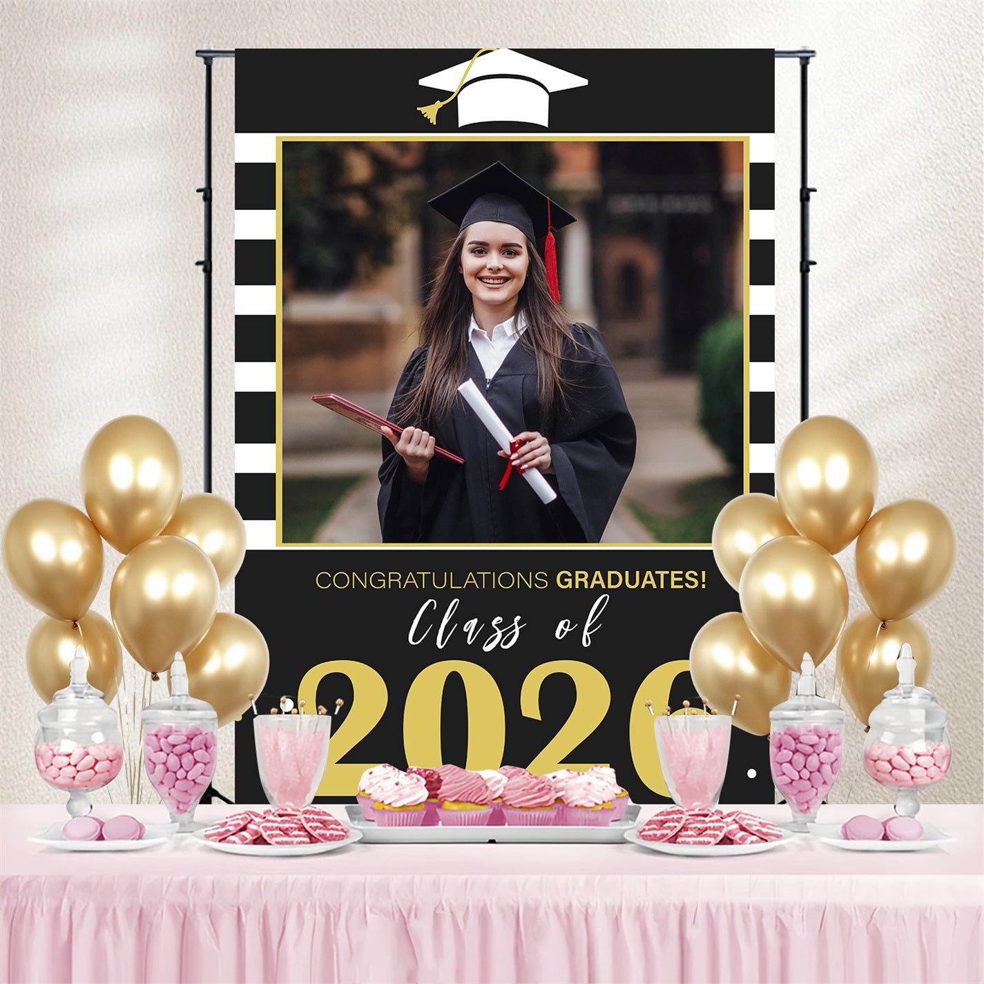 2026 Graduation Backdrop Modern Stripes 2026 Personalized Party Graduation Backdrop MRR3-193