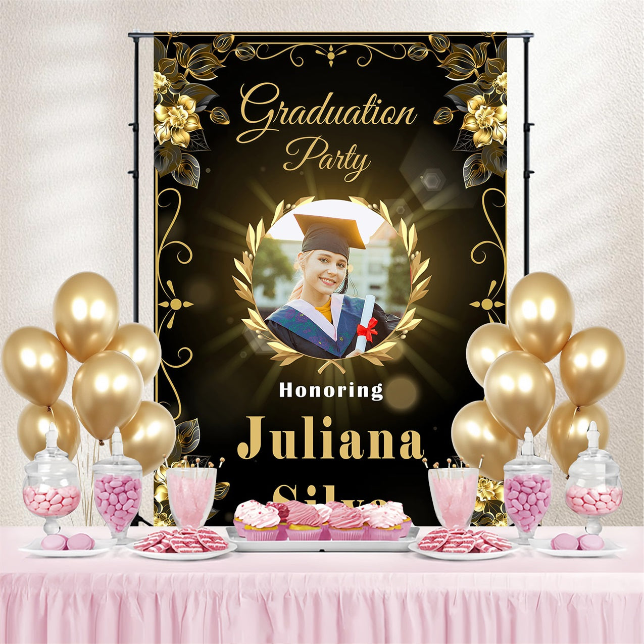 Graduation Backdrops Floral Frame Custom Party Graduation Backdrop MRR3-196