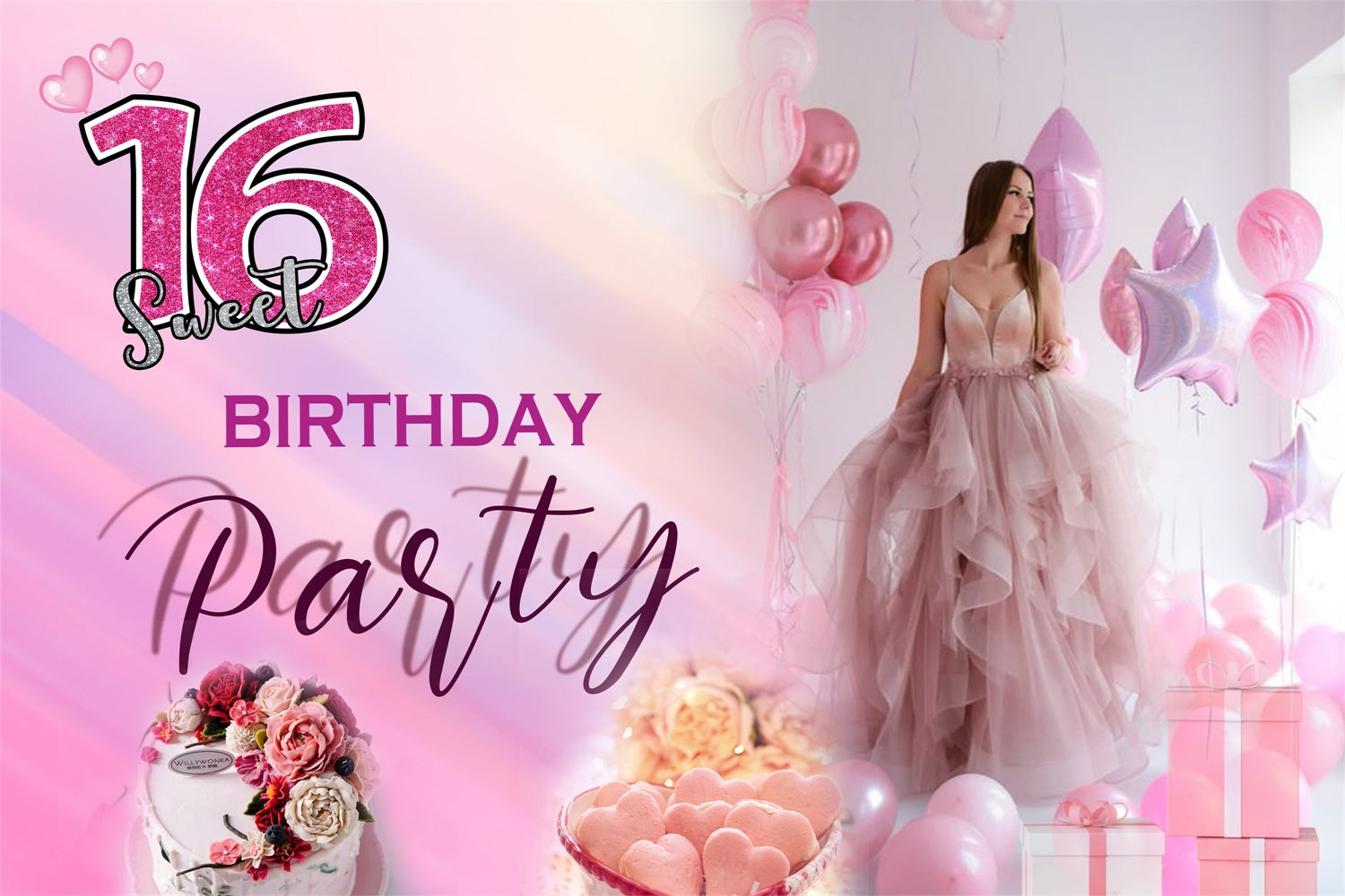 Customize Birthday Backdrop Pink Glamour Sweet 16 Backdrop MRR3-2