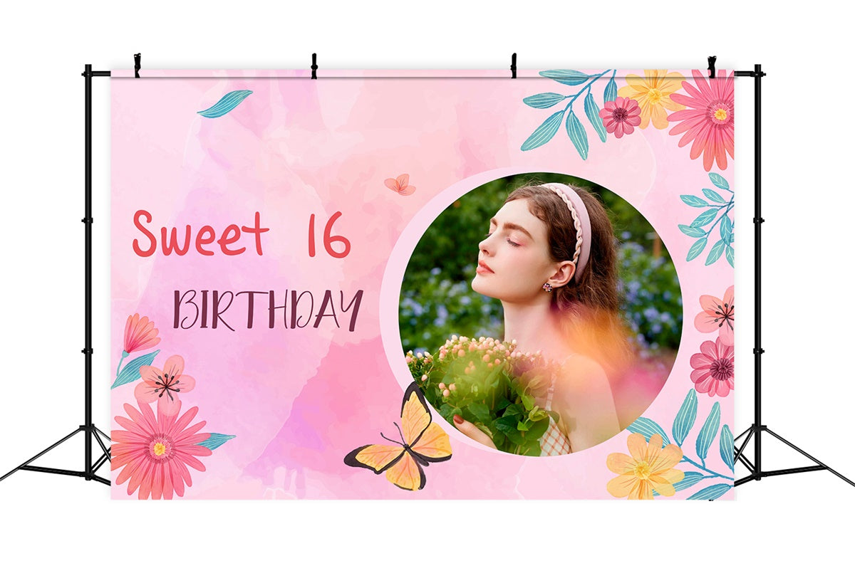Birthday Backdrop Personalized Pink Floral Sweet 16 Backdrop MRR3-20