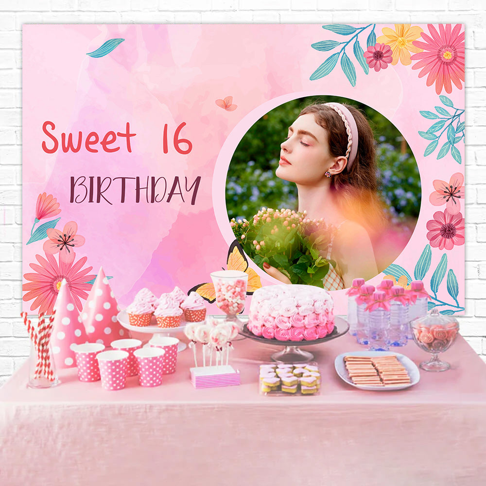 Birthday Backdrop Personalized Pink Floral Sweet 16 Backdrop MRR3-20