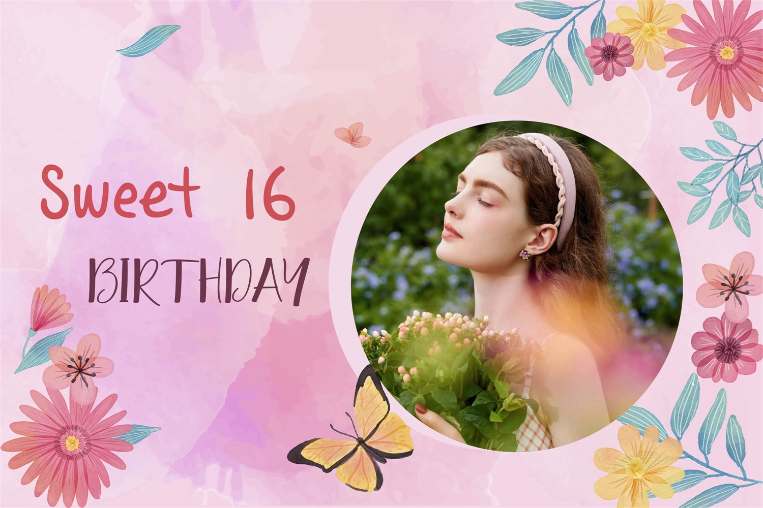 Birthday Backdrop Personalized Pink Floral Sweet 16 Backdrop MRR3-20