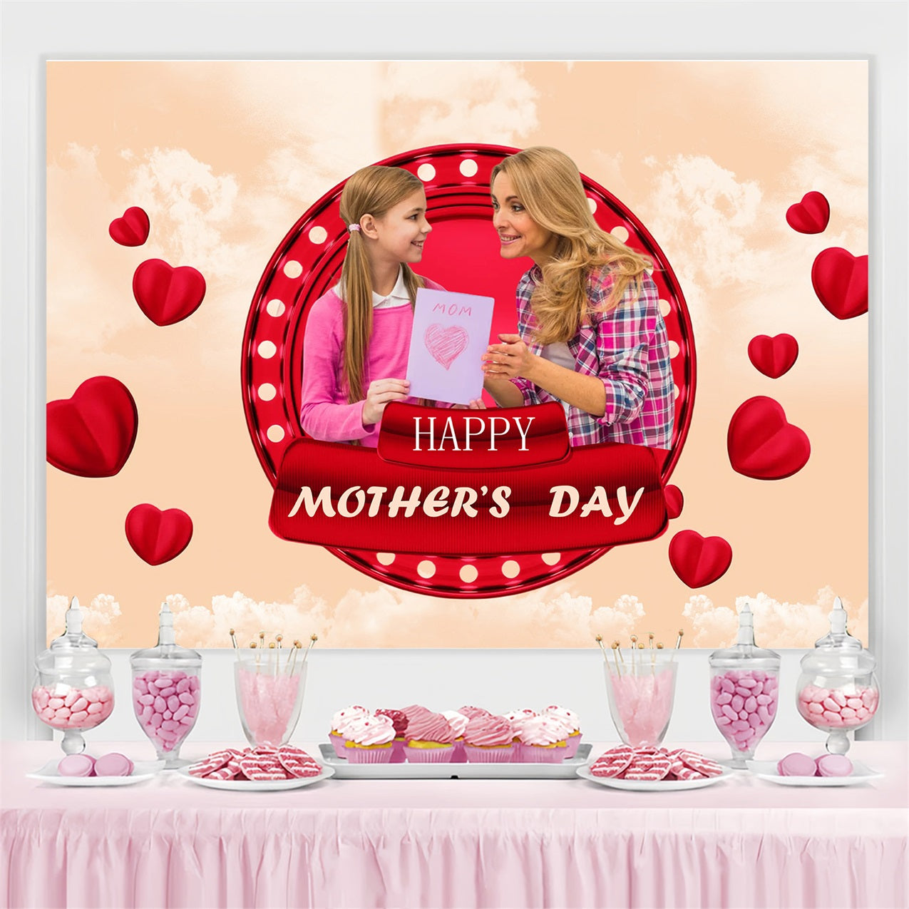 Mothers Day Backdrop Heartwarming Red Hearts Personalized Backdrop MRR3-33
