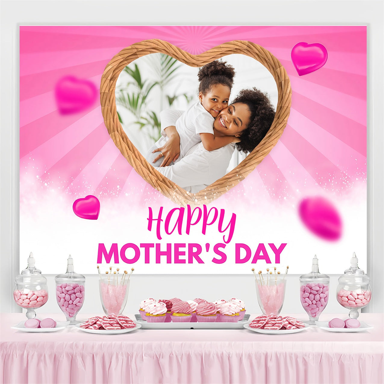 Backdrops For Mothers Day Pink Hearts Frame Sparkles Personalised Backdrop MRR3-52