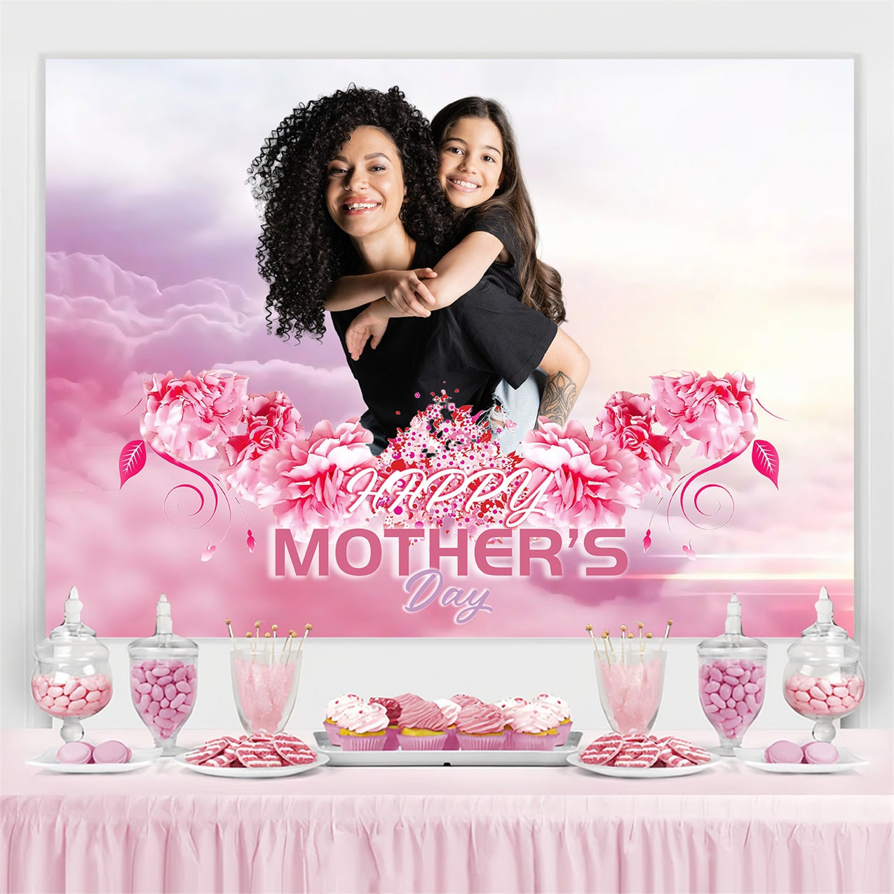 Mother's Day Backdrop Ideas Pink Cloud Flower Personalized Backdrop MRR3-70