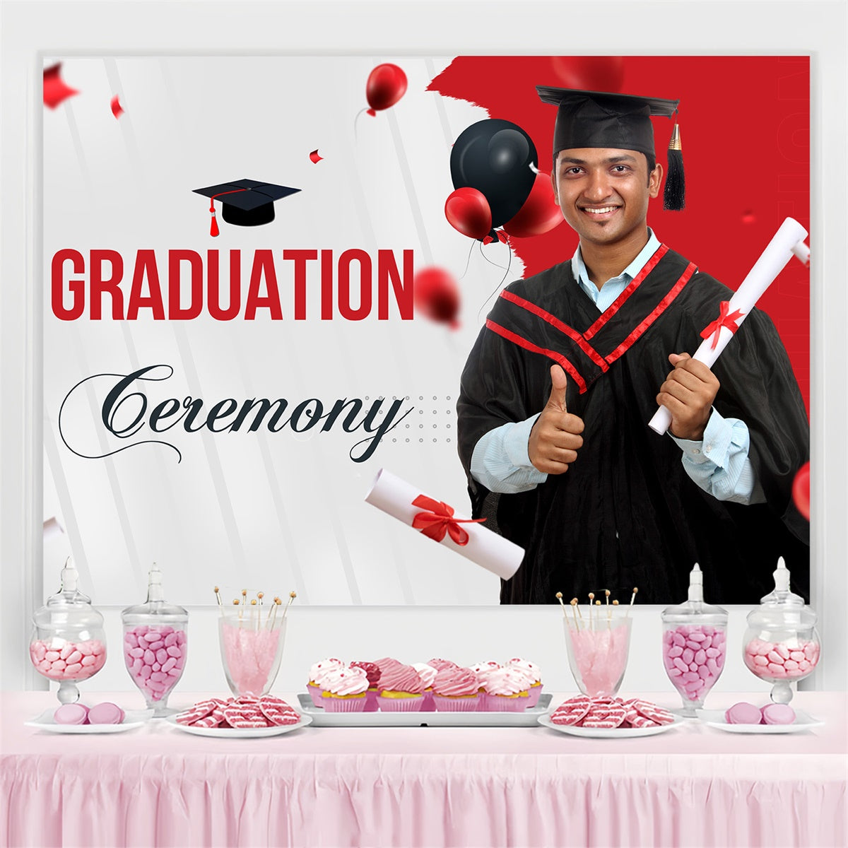 Customized Graduation Backdrop Red Accent Balloon Graduation Party Backdrop MRR4-10