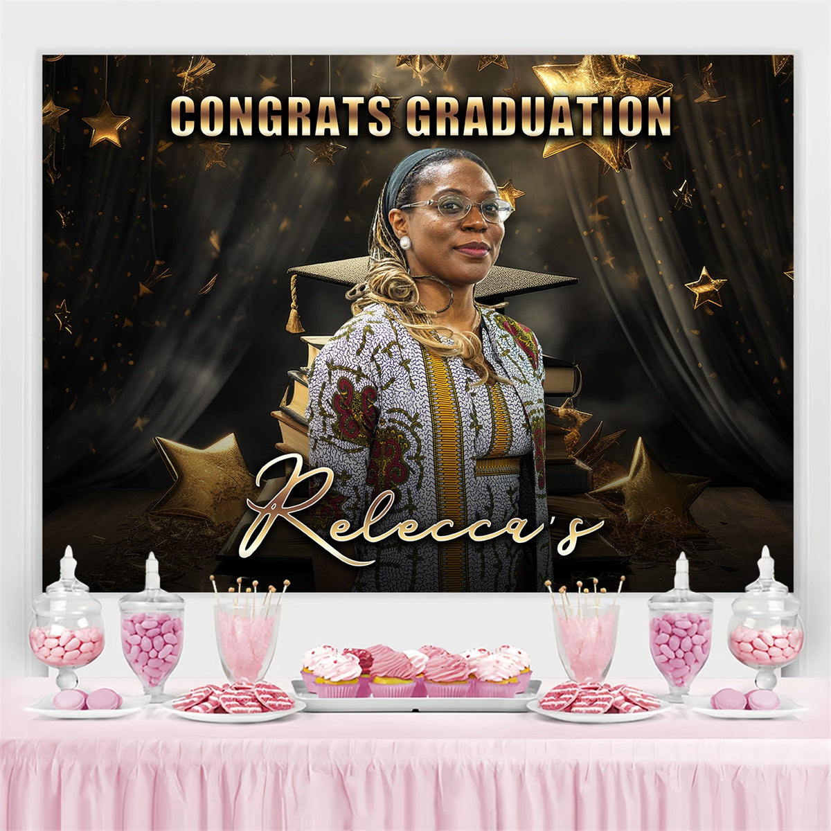 Custom Graduation Backdrop Golden Stars Books Graduation Party Backdrop MRR4-11