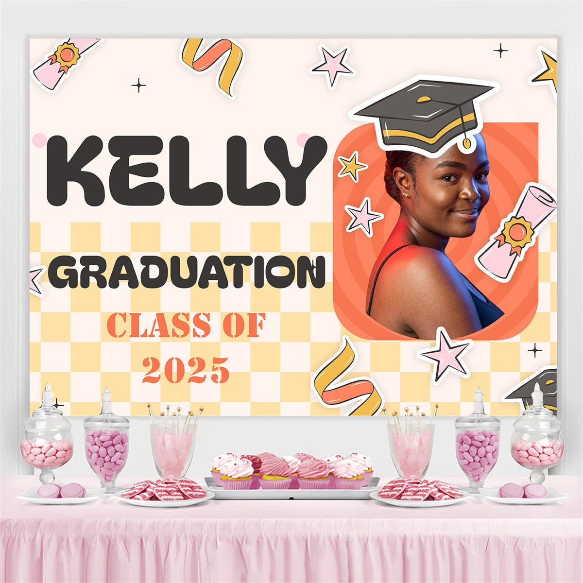 Custom Graduation Backdrop 2025 Cartoon Style Graduation Party Backdrop MRR4-13