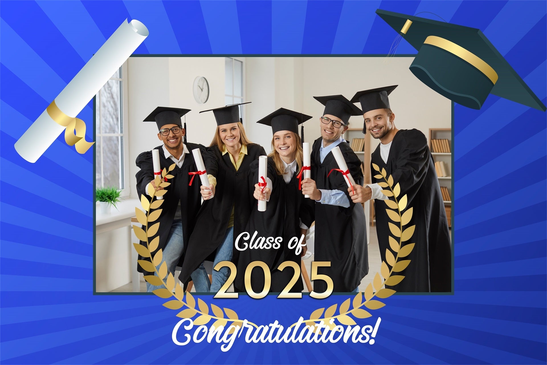 Customized Graduation Backdrop Laurel Wreath Blue Graduation Party Backdrop MRR4-16