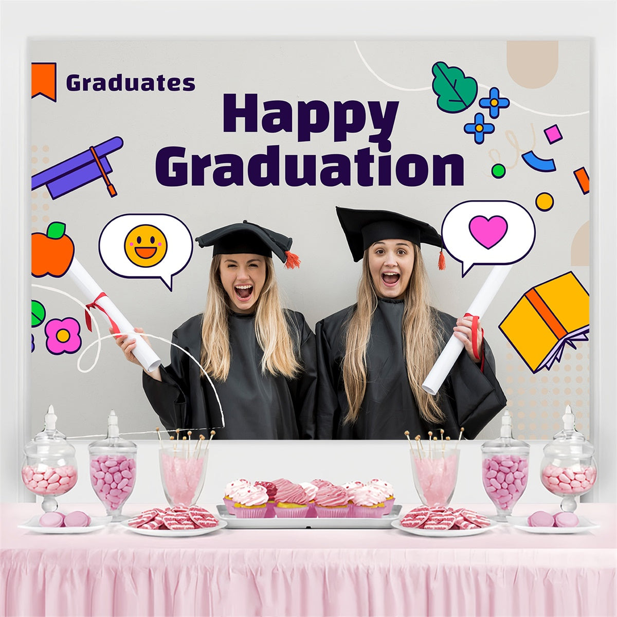 2025 Custom Graduation Backdrop Colorful Doodle Graduation Party Backdrop MRR4-17
