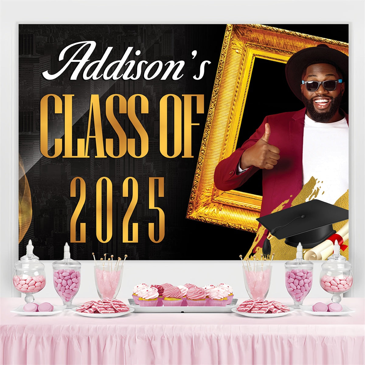 Custom Graduation Backdrops Black Gold Luxe Graduation Party Backdrop MRR4-18