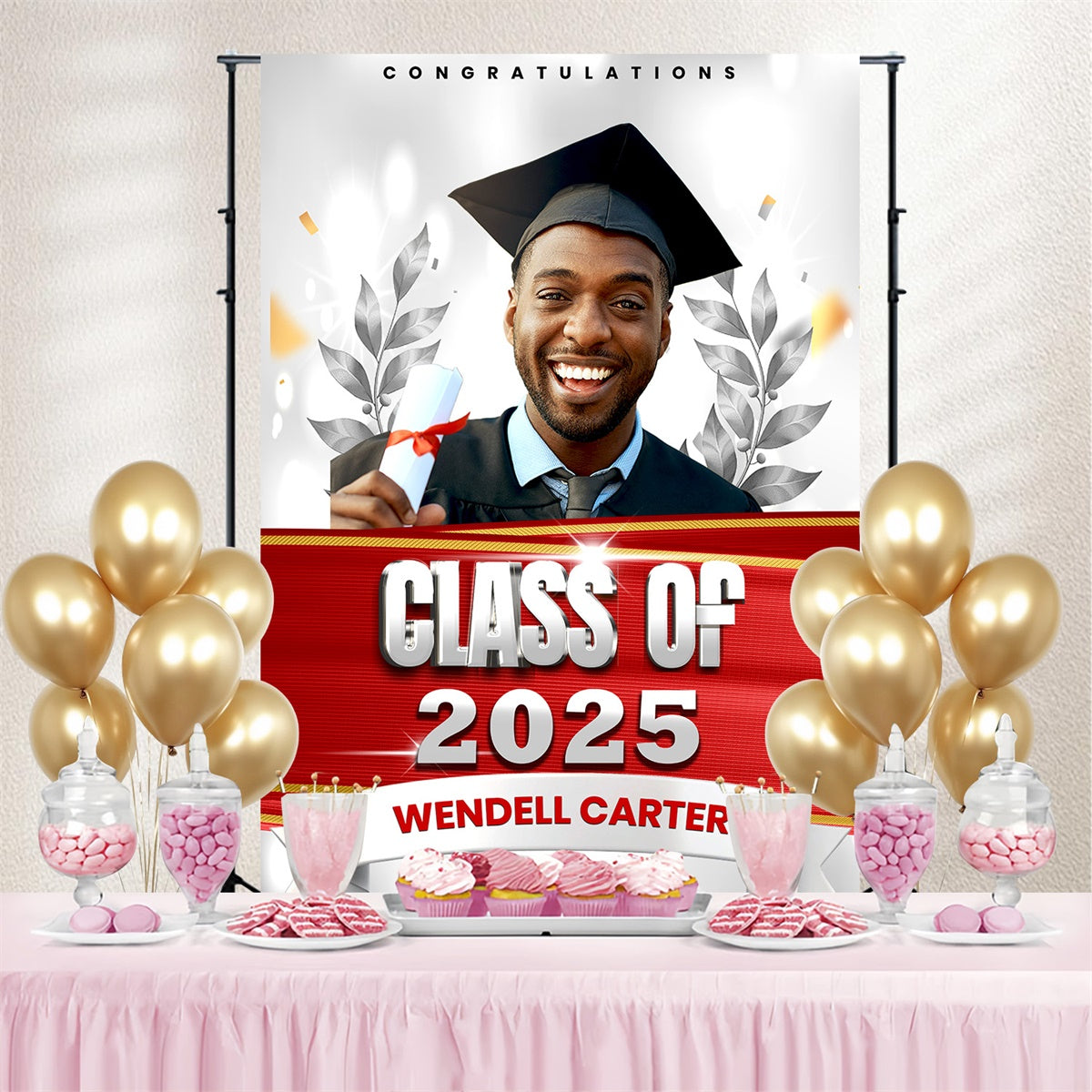 Custom Graduation Photo Backdrop Silver Leaf Graduation Party Backdrop MRR4-19